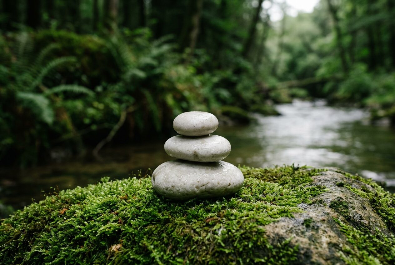 A balanced stack of stones on a moss-covered surface