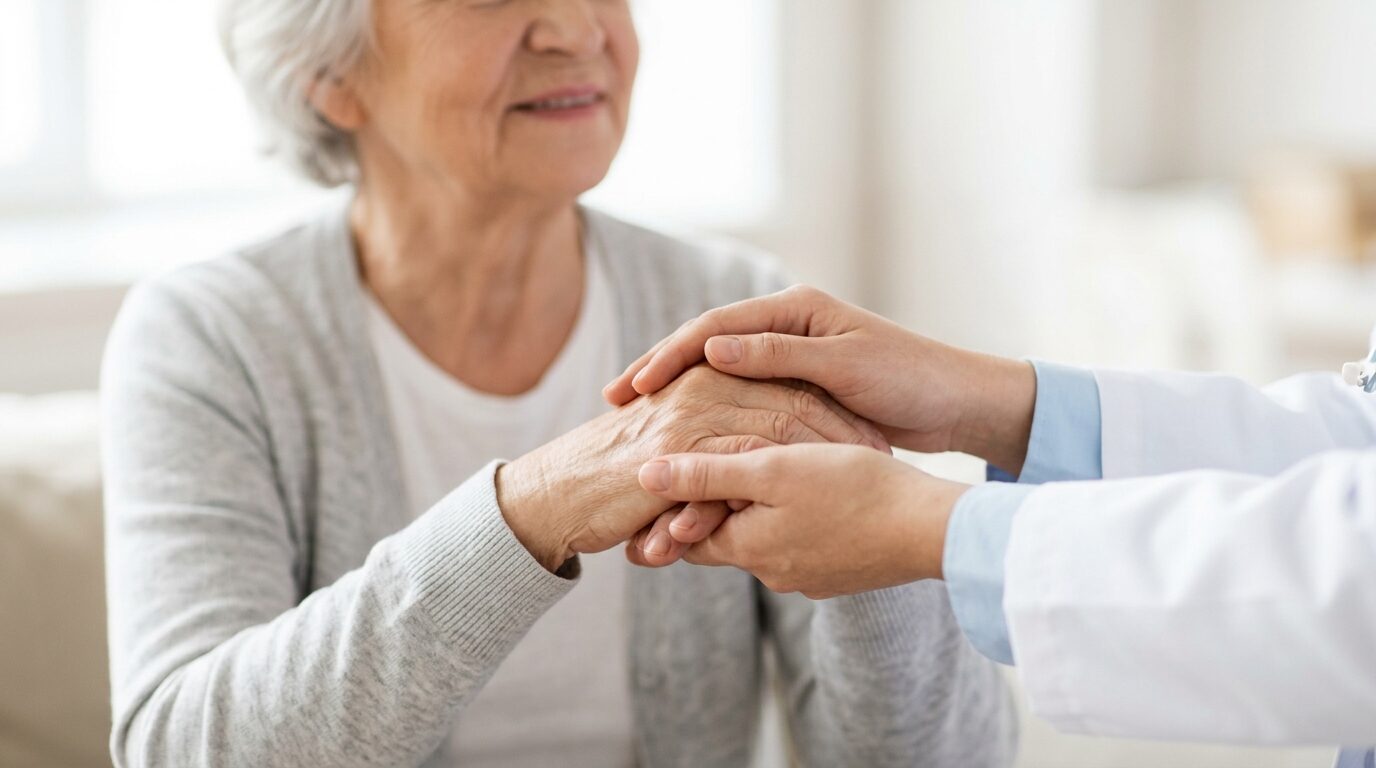 A carer gently holding the hands of an older woman