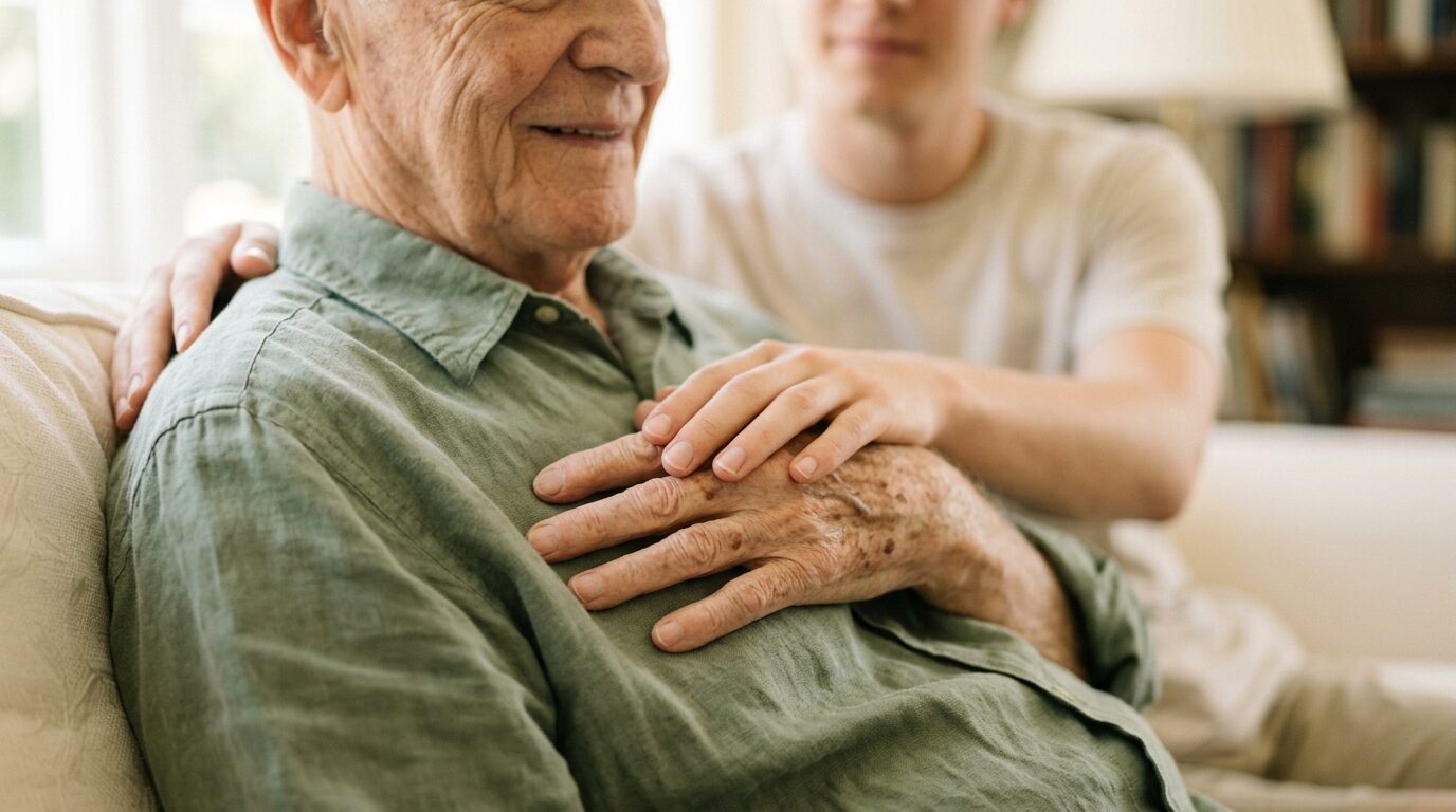 A younger hand comfortingly supporting the hand of an older man