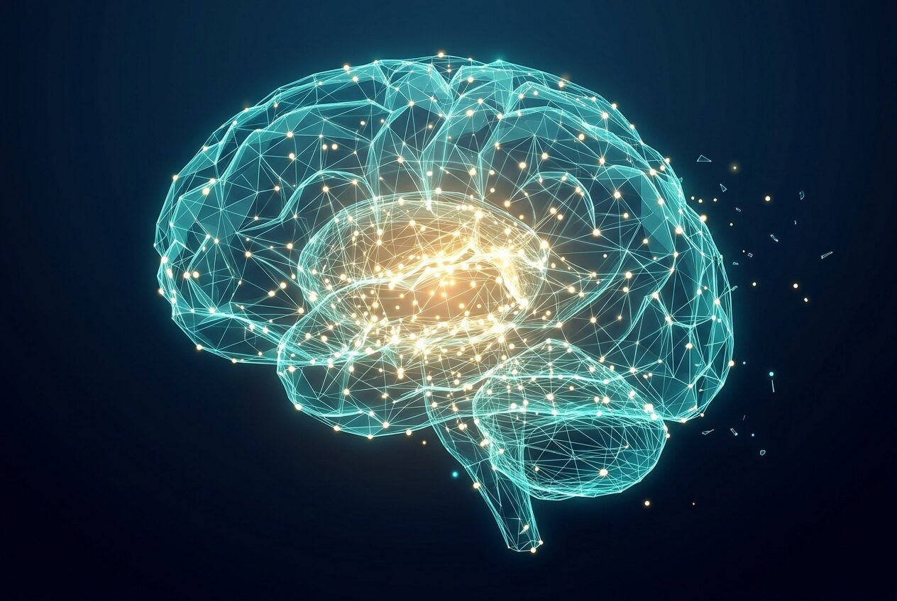 An illustration of a brain with a network of neurons and connections