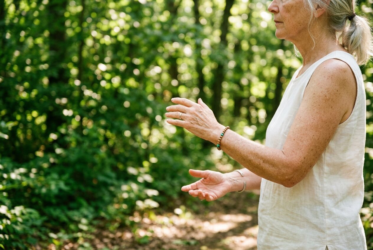 An older person practising tai chi outdoors