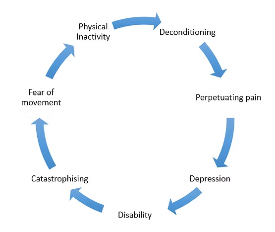 Diagram showing the cycle of deconditioning: physical inactivity leading to deconditioning, perpetuating pain, depression, disability, catastrophising, and fear of movement