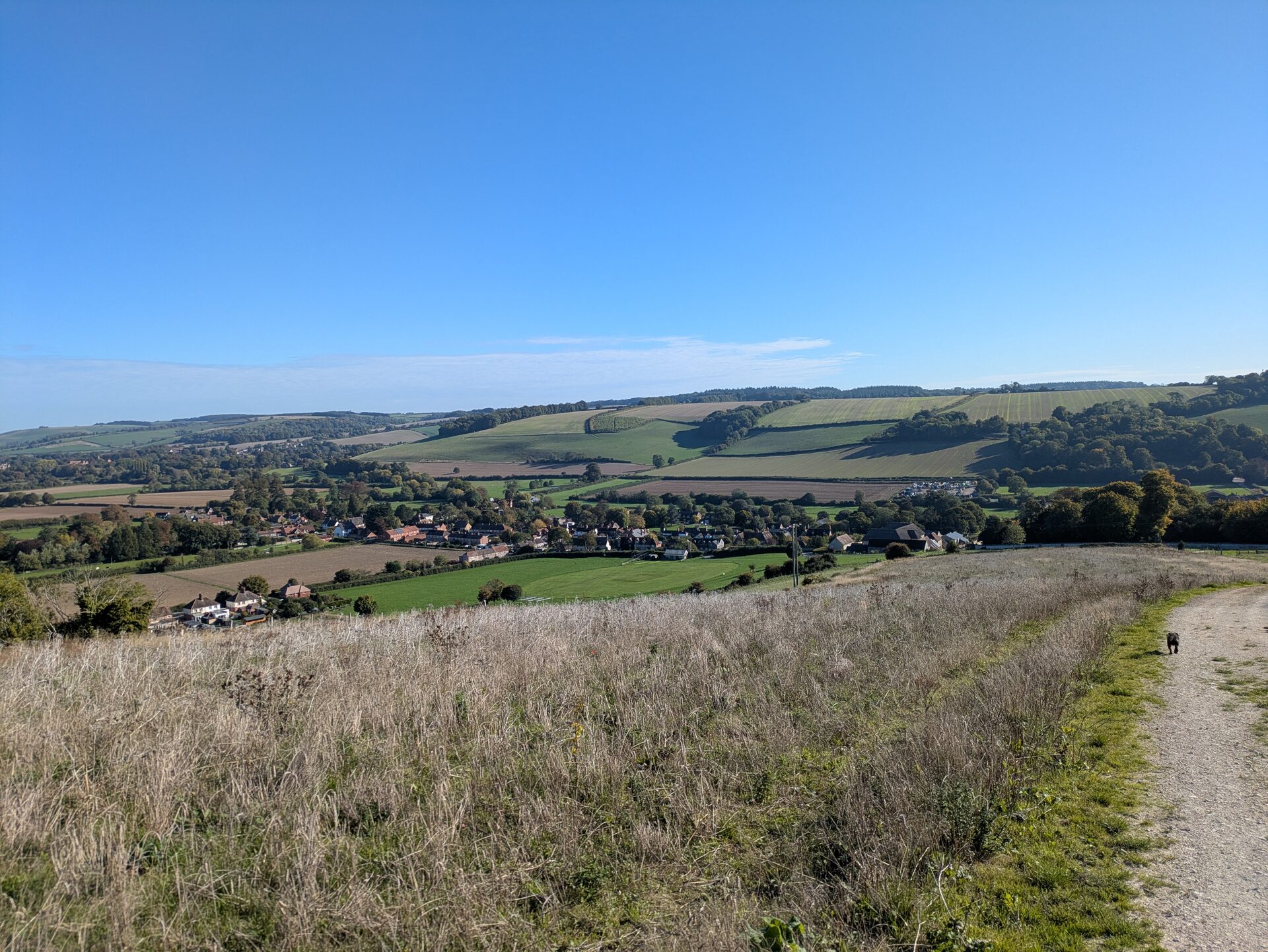 The Dorset village of Shroton seen from the chalk downland above